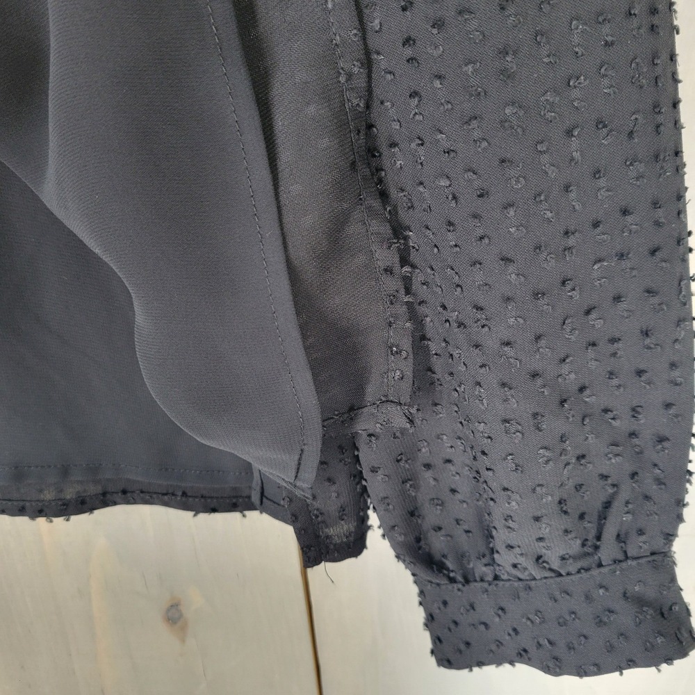 LOFT Blouse Women Large Black Clip Dot Velvet Trim Split Neck Long Sleeve Top - Picture 4 of 8